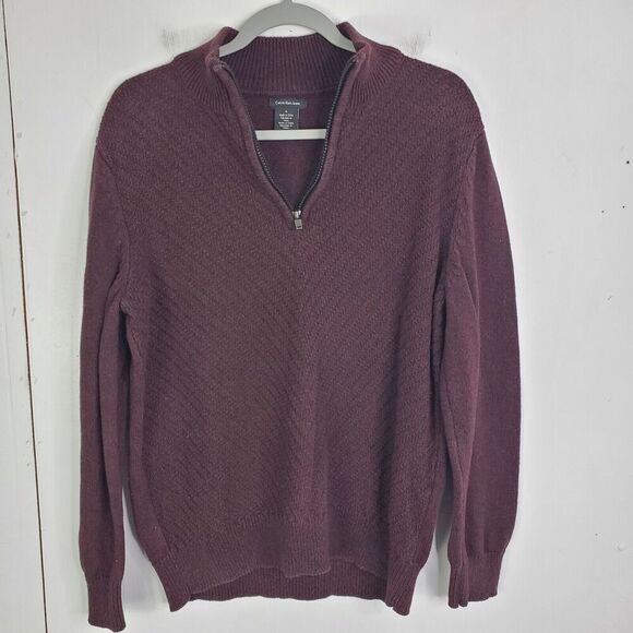 Calvin Klein Quarter Zip Mens M Pullover Marled Red Black Textured Striping - Picture 1 of 7